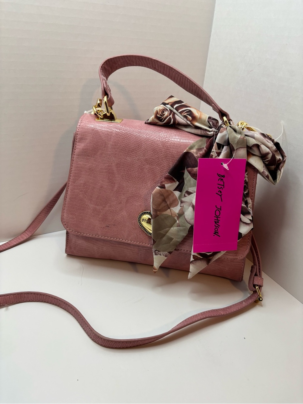 Betsey Johnson Pink croc style Top-Handle w/scarf Crossbody Bag